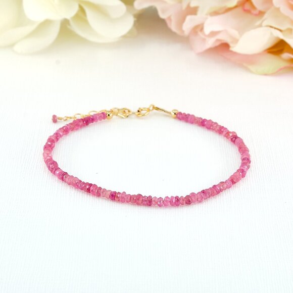 Sparkling Pink Sapphire Gemstone Bracelet, 14k Gold Filled, Perfect for Gifting - Picture 2 of 11